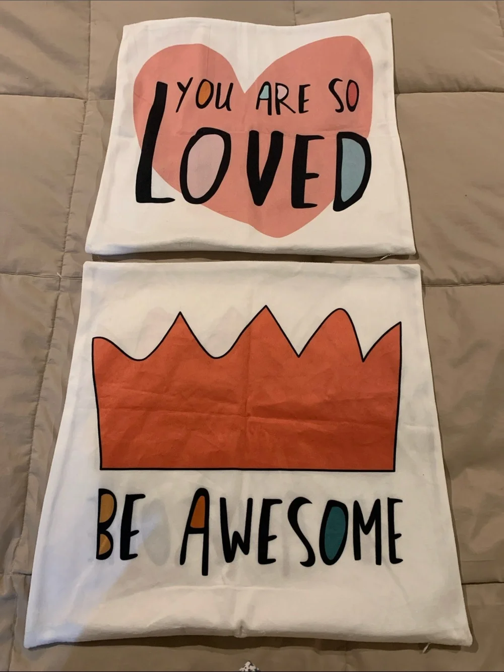 You Are So Loved & Be Awesome Decorative Cotton Covers - Coral Heart & Crown